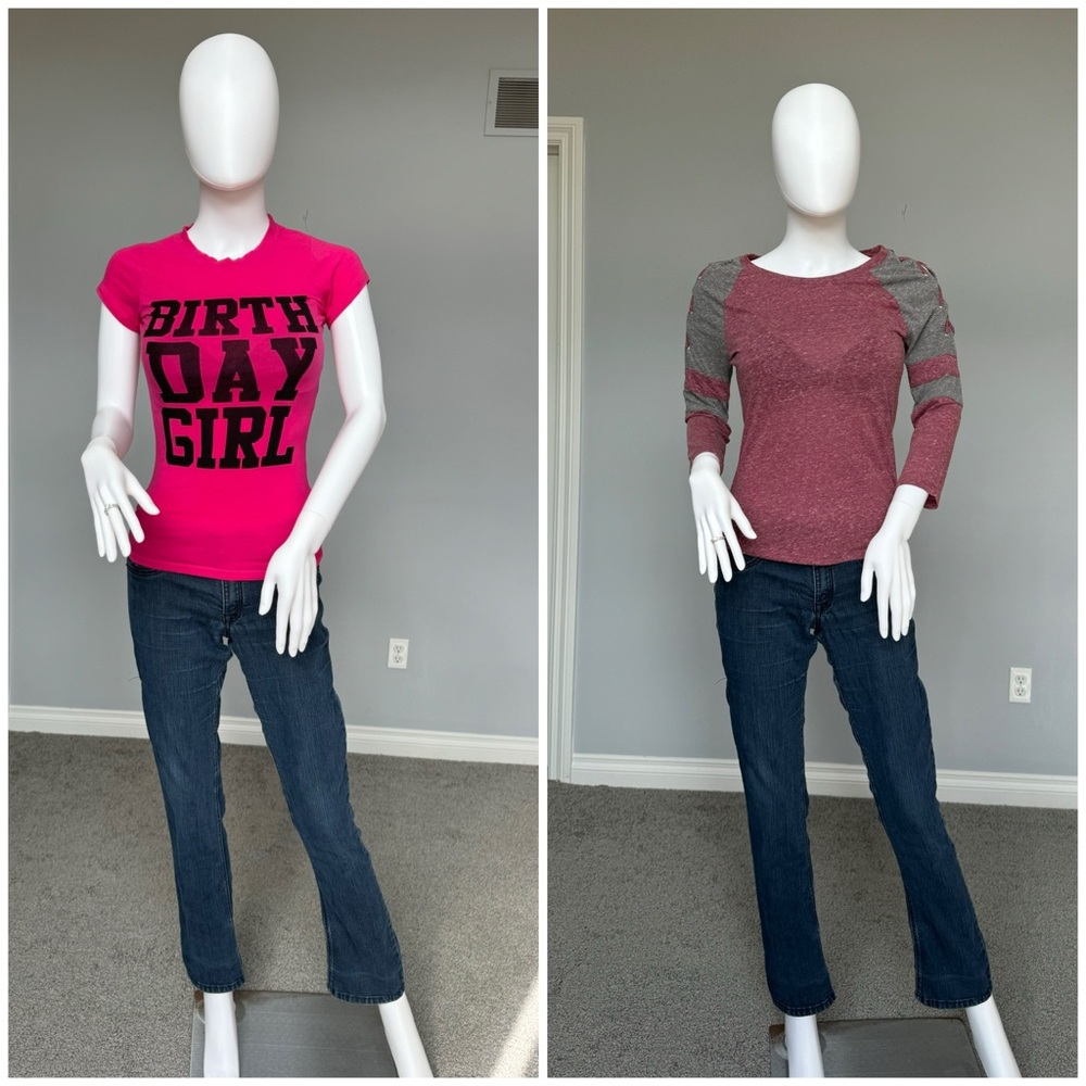 Pink Tee, Maroon and Grey striped shirt and Jeans